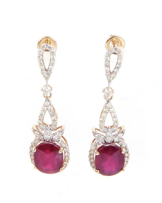 Appraisal: Pair ruby and diamond pendant earrings ctw oval rubies accented