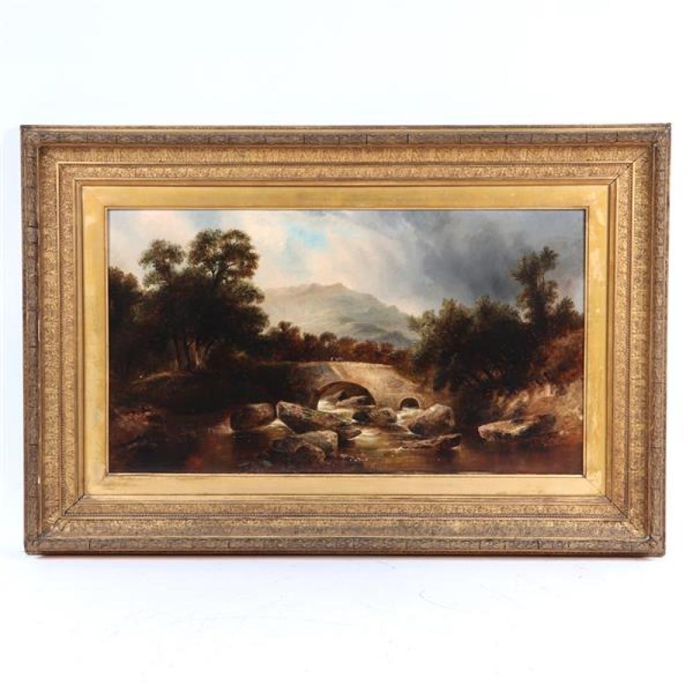 Appraisal: SCOTTISH HIGHLANDS LANDSCAPE WITH FIGURES ON STONE BRIDGE AND STREAM