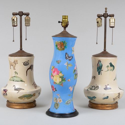 Appraisal: PAIR OF CREAM PAINTED DECOUPAGE LAMPS WITH A PERIWINKLE BLUE