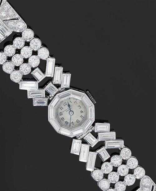 Appraisal: DIAMOND BRACELET WITH WATCH PATEK PHILIPPE France ca Platinum Fancy