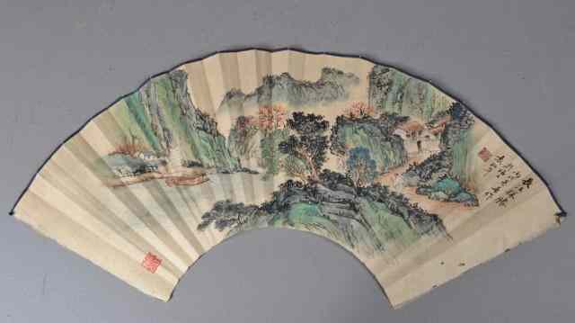 Appraisal: Chinese Fan Scroll Painting - Landscape - signedPolychrome painted mountain