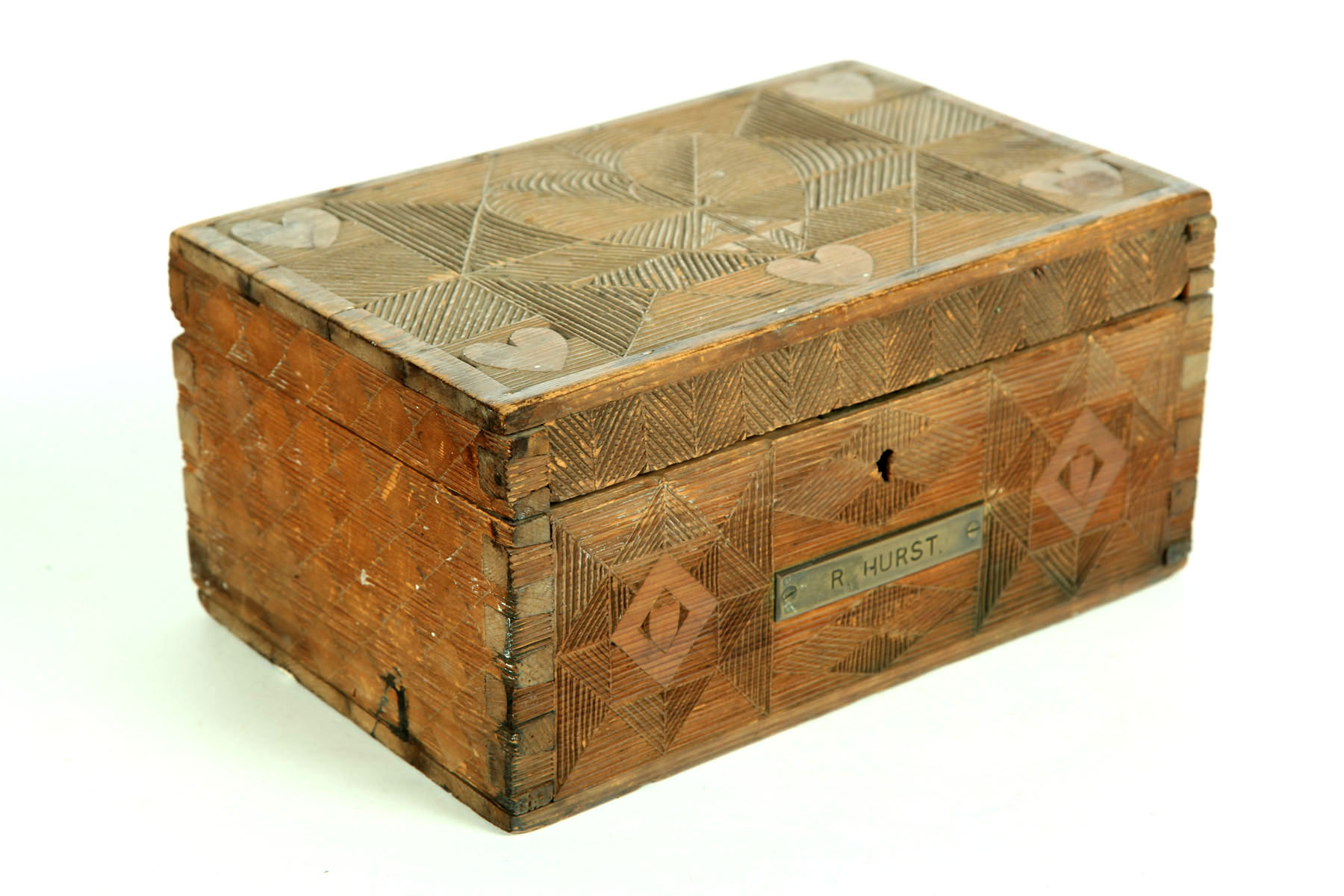 Appraisal: CARVED LOCK BOX American th century pine Dovetailed with intricately