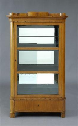 Appraisal: BIEDERMEIER LINE-INLAID WALNUT VITRINE CABINET The shaped recessed top above