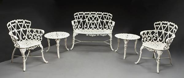 Appraisal: A set of Victorian style painted metal garden furniture Comprising