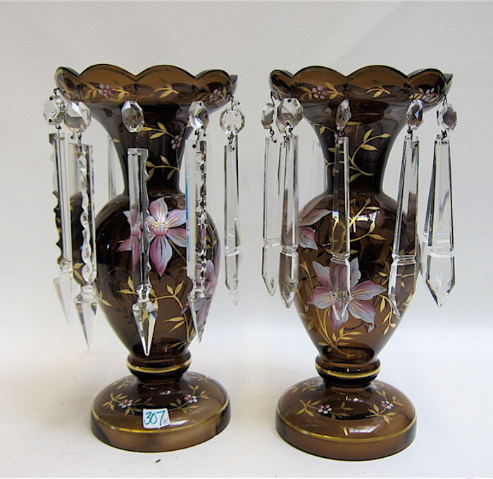 Appraisal: PAIR HAND ENAMELED GLASS LUSTRES having pink flowers and gold