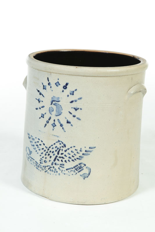 Appraisal: STONEWARE CROCK American nd half- th century Stenciled cobalt eagle