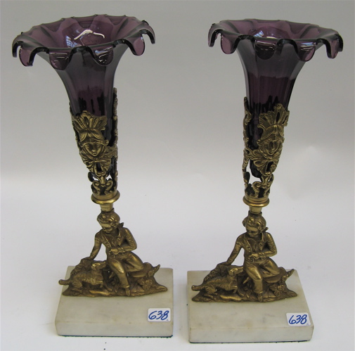 Appraisal: PAIR OF GILT METAL AND AMETHYST CANDLESTICKS on rectangular marble