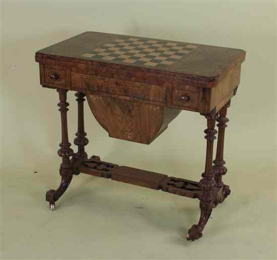 Appraisal: A mid Victorian burr walnut games work table the hinged