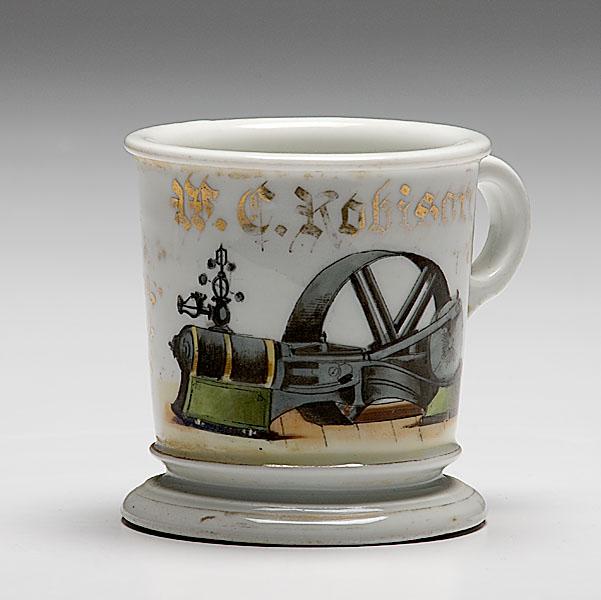 Appraisal: OCCUPATIONAL SHAVING MUG WITH WALKING BEAM ENGINE porcelain with polychrome