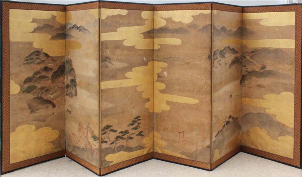 Appraisal: JAPANESE LANDSCAPE SIX-PANEL SCREEN TH C ink and color on