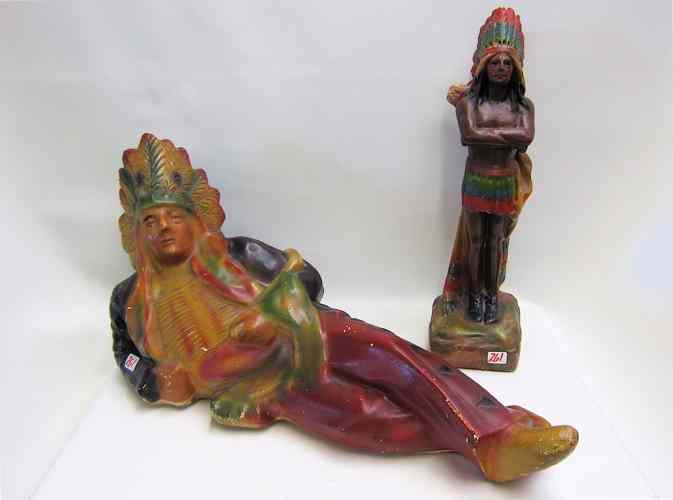 Appraisal: TWO CHALK INDIAN SCULPTURES full reclining Indian with headdress ''L