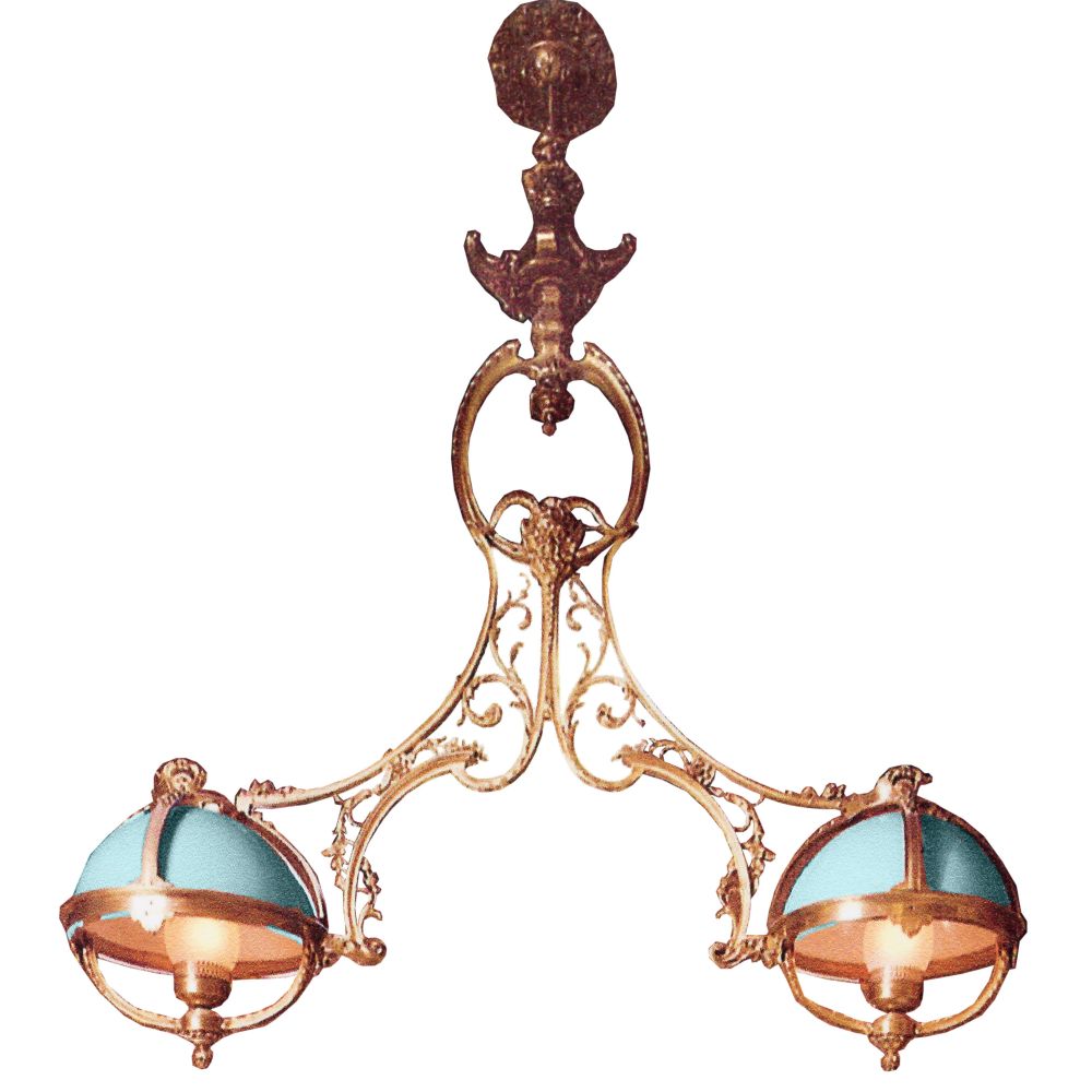 Appraisal: HANGING BRASS LIGHT FIXTUREFrench style scrolling brass billiard chandelier ceiling