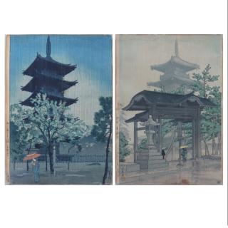 Appraisal: Two Vintage Japanese Woodblock Prints Rain Visiting The Temple Possibly