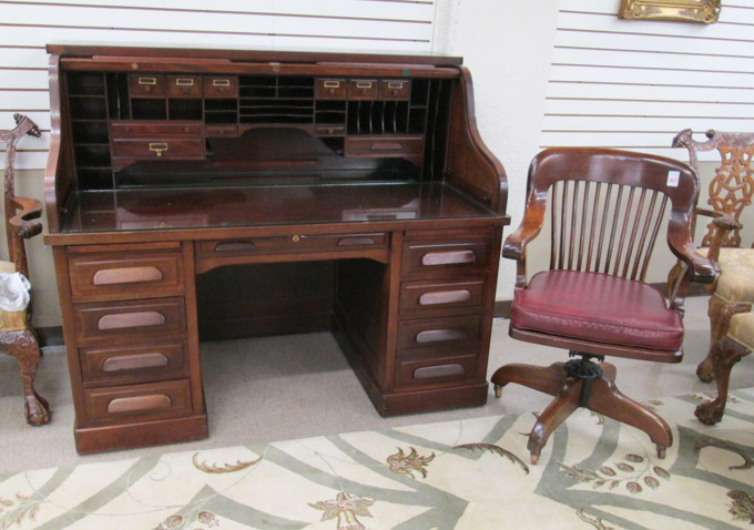 Appraisal: MAHOGANY ROLL-TOP DESK WITH CHAIR Standard Furniture Co Herkimer New