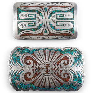 Appraisal: Navajo Silver Belt Buckles with Coral and Turquoise Chip Inlay