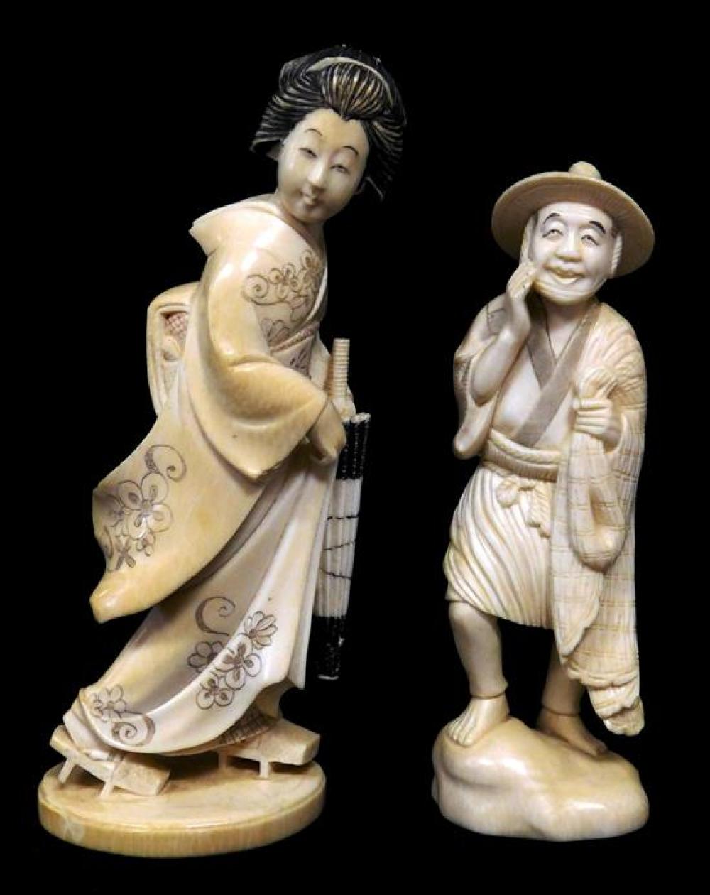 Appraisal: ASIAN Two Japanese okimono carvings th th C ivory one