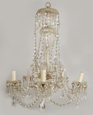 Appraisal: A cut glass six branch chandelier the petal drip pans