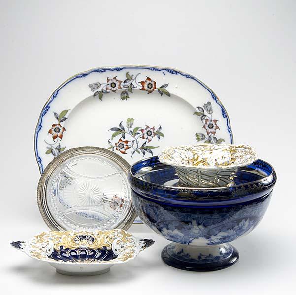 Appraisal: MIXED PORCELAIN AND GLASS LOT Includes a shallow blue glass