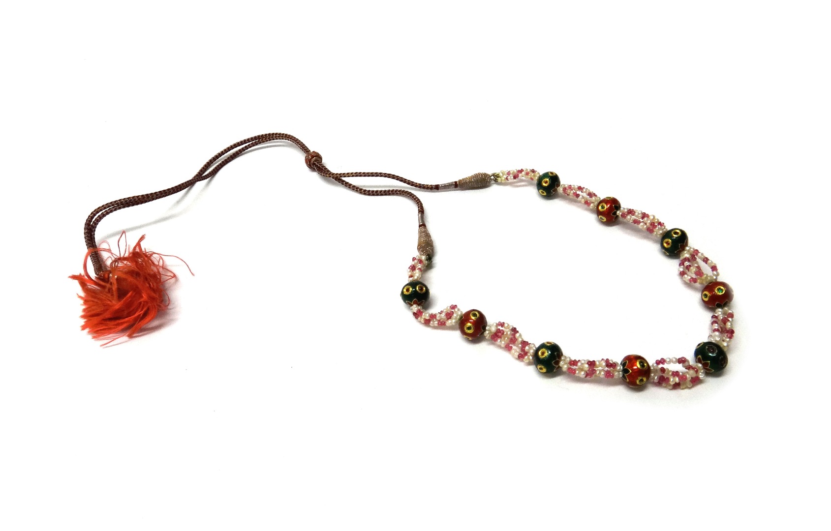 Appraisal: An Indian seed pearl ruby bead and enamelled necklace probably