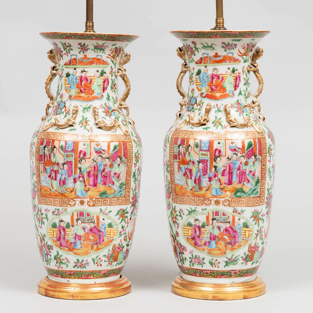 Appraisal: Pair of Chinese Rose Medallion Porcelain Baluster Vases Mounted as