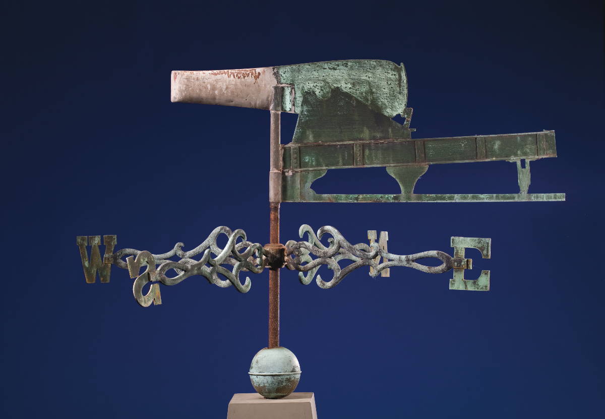 Appraisal: LEAD AND SHEET COPPER CANNON-FORM WEATHERVANE AND DIRECTIONALS ATTRIBUTED TO