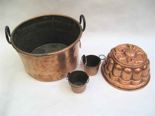 Appraisal: FOUR COPPER ITEMS a large double handled preserving pot x