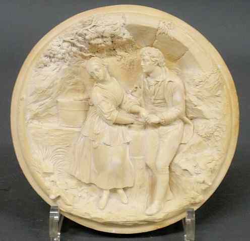 Appraisal: Relief carved alabaster plaque with figural group Rebecca at the