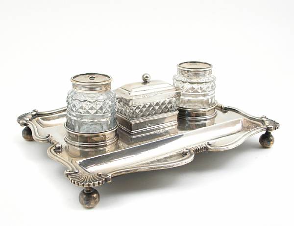 Appraisal: A George III silver inkstand with cut glass fittingsJohn Carter