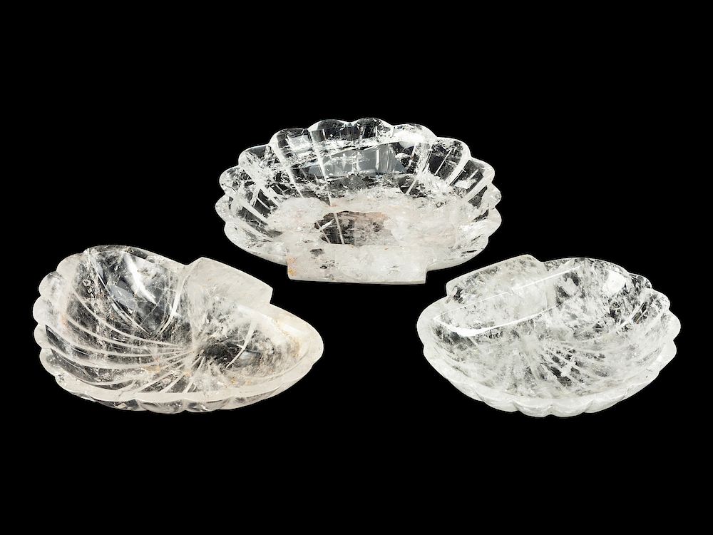 Appraisal: Three Carved Rock Crystal Fan-Shaped Bowls Three Carved Rock Crystal