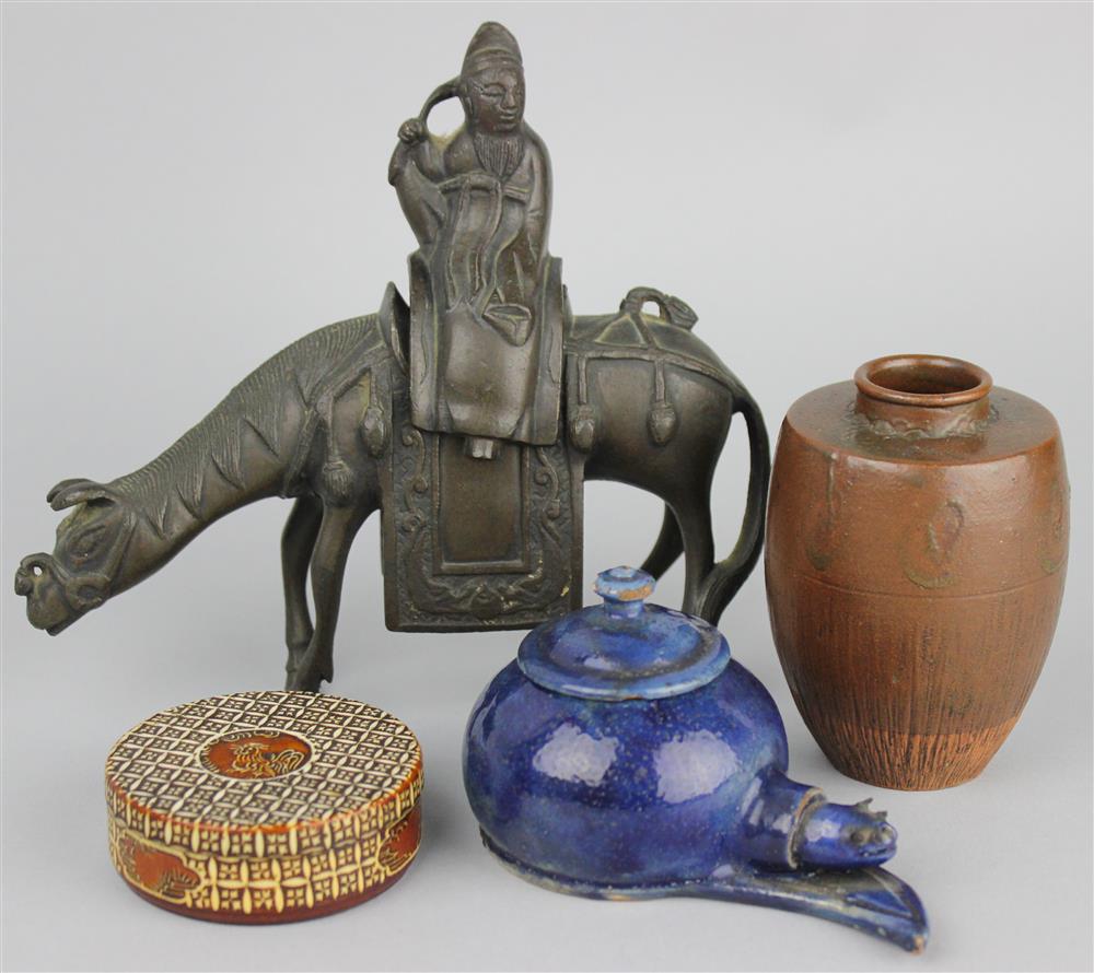 Appraisal: ASIAN METAL FIGURAL CENSER OF A HORSE AND RIDER BLUE