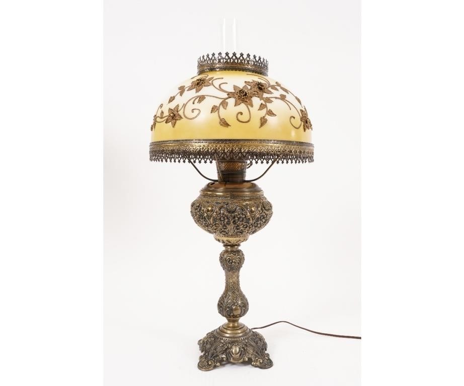 Appraisal: Faux bronze table lamp with yellow glass shade with brass