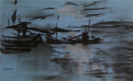 Appraisal: HAMISH LAWRIE SCOTTISH - FISHING BOATS Signed pastel on blue