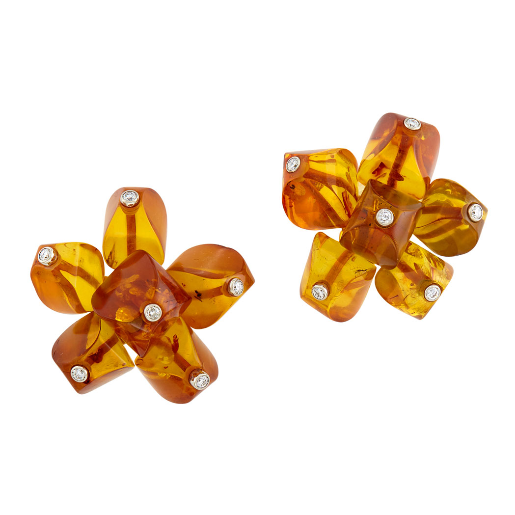 Appraisal: Pair of Gold Amber and Diamond Cluster Earclips Aletto Brothers