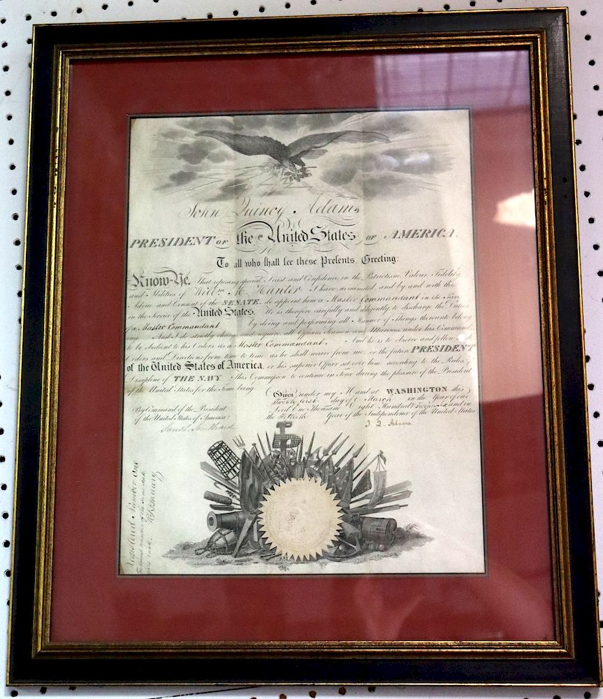 Appraisal: John Quincy Adams Naval Commission A framed naval commission signed