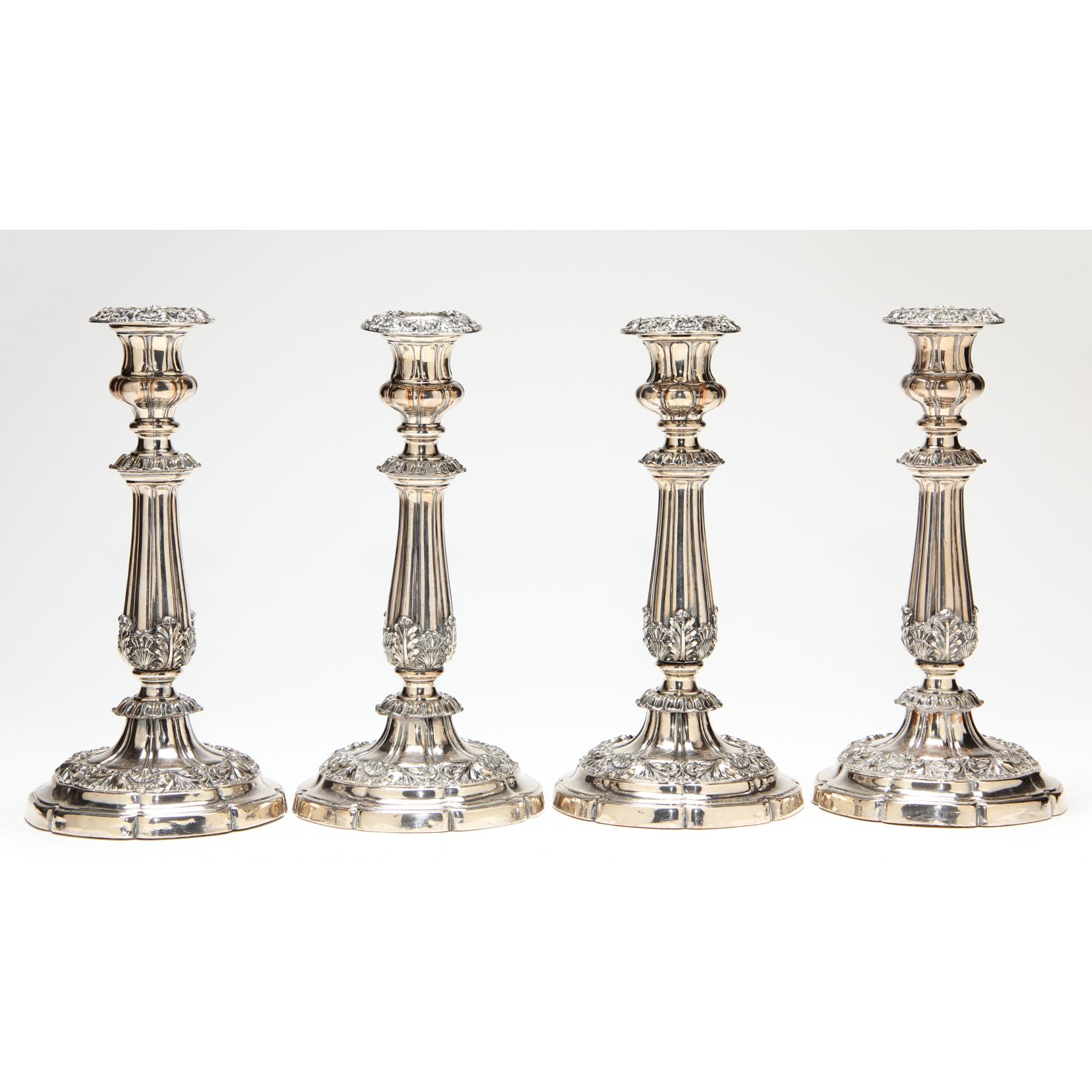 Appraisal: Set of Four Old Sheffield Plate Candlesticks unmarked with acanthus