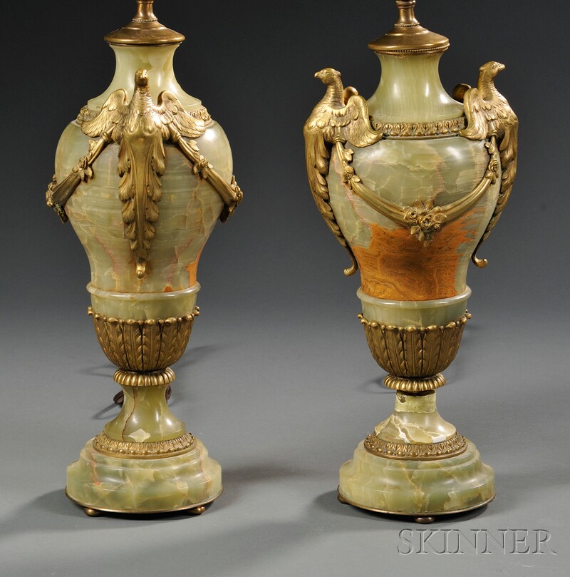 Appraisal: Pair of Carved Green Onyx and Gilt-mounted Lamps finely figured