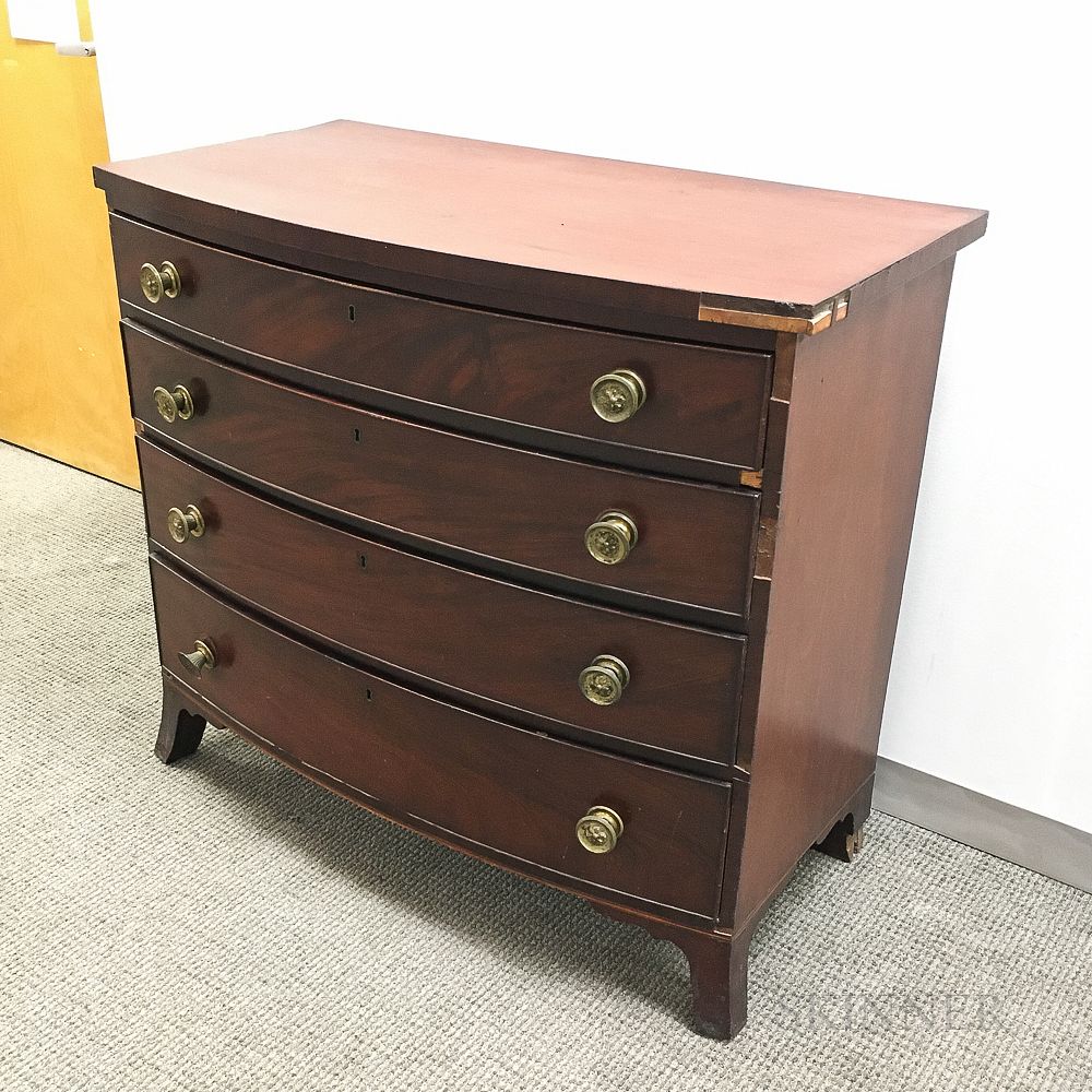 Appraisal: Federal Mahogany Veneer Bow-front Chest of Drawers Federal Mahogany Veneer