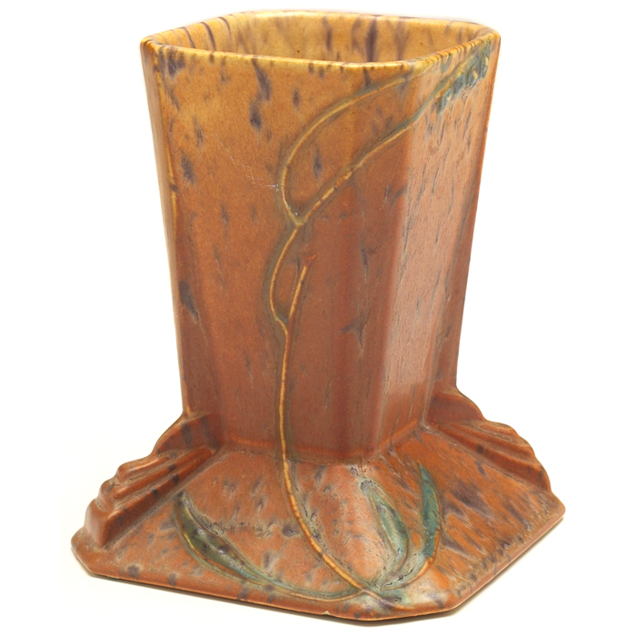 Appraisal: Roseville Futura vase footed square shape in mottled brown and