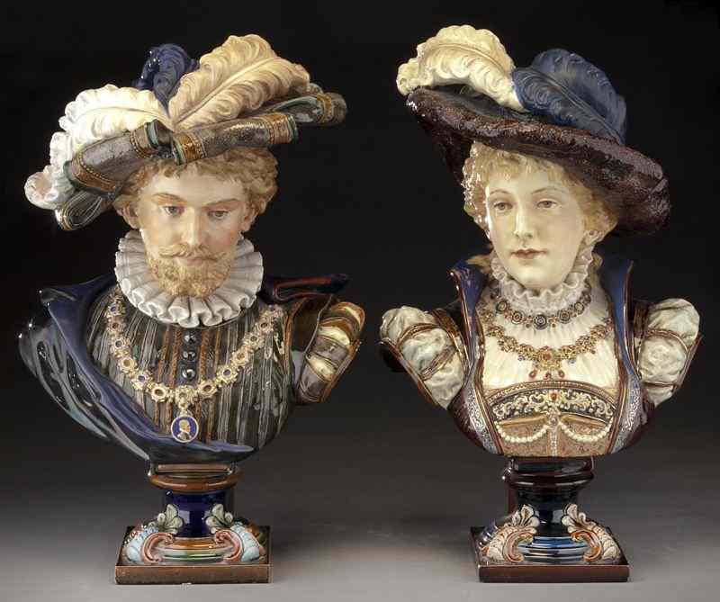 Appraisal: Pr Italian majolica busts of a male and femalearistocrat Unsigned