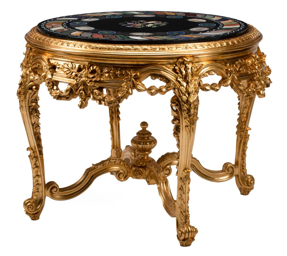 Appraisal: Louis XV-Style Carved Giltwood Center Table micromosaic and pietra dura