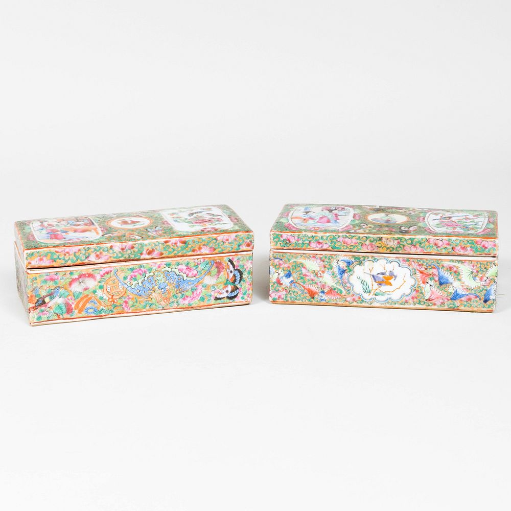 Appraisal: Pair of Chinese Export Canton Famille Rose Porcelain Boxes x