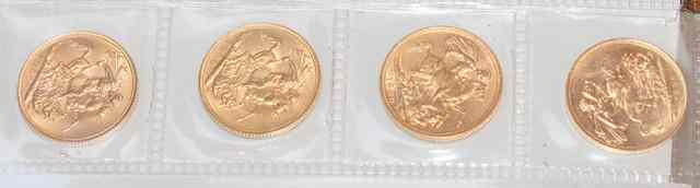 Appraisal: FOUR QUEEN VICTORIA GOLD SOVEREIGNS Old Veil head St George