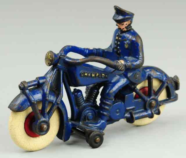 Appraisal: CHAMPION MOTORCYCLE WITH POLICEMAN Cast iron painted in blue overall