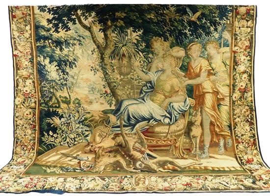 Appraisal: Circa Brussels tapestry mythological subject featuring a hunting party seated