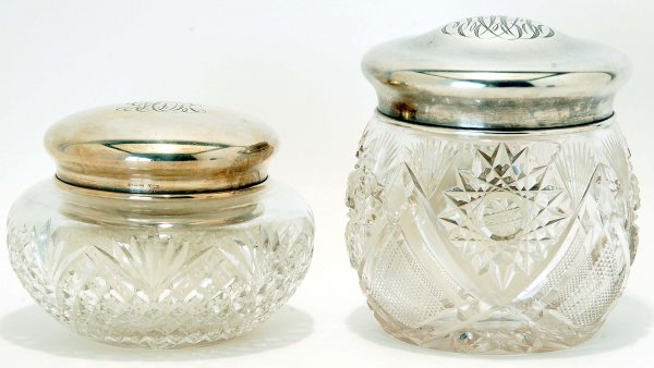 Appraisal: Two sterling and cut glass powder jars One - cut