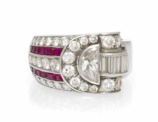 Appraisal: A Platinum Diamond and Ruby Ring Circa in an asymmetric