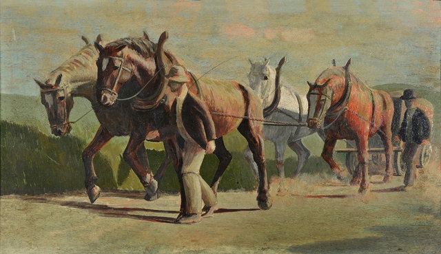 Appraisal: P Morris th Century Farm horses at work signed and