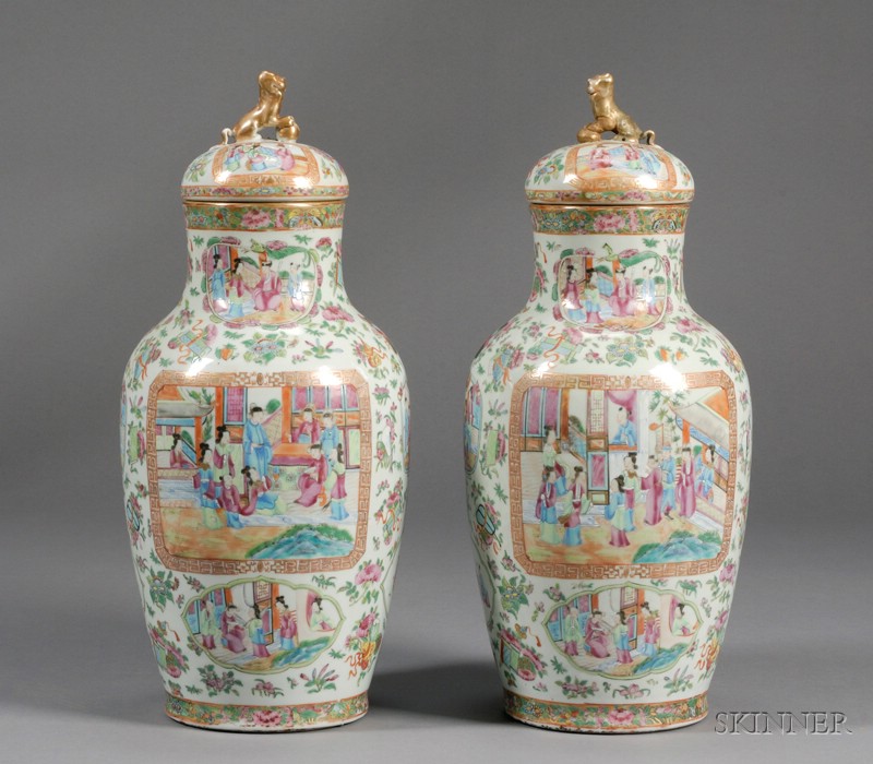 Appraisal: Pair of Large Rose Mandarin Covered Porcelain Jars China th