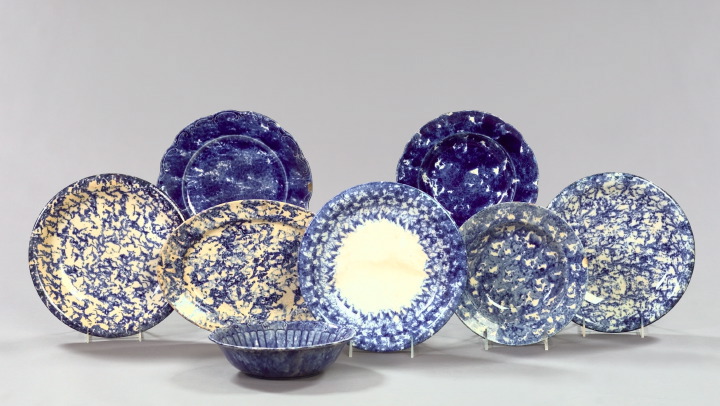 Appraisal: Interesting Eight-Piece Collection of American Blue-and-White Sponge Ware Pottery comprised