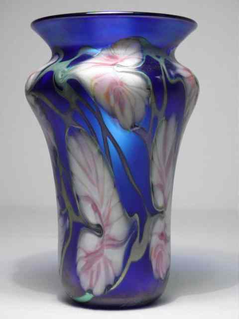 Appraisal: John Lotton multi-flora art glass vase Cobalt blue glass ground